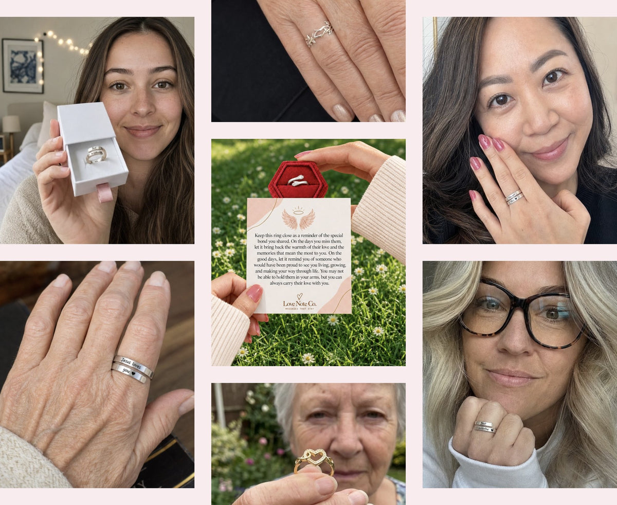 Customers wearing Love Note Co. rings, with a ring in its gift box and message card