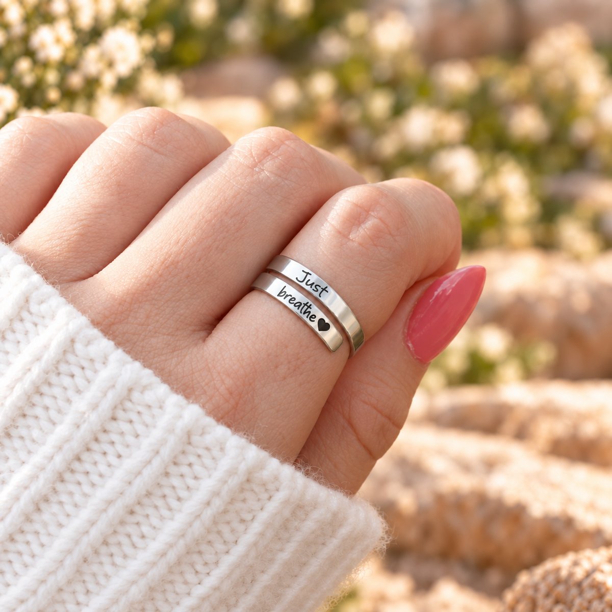 Just Breathe ring worn on a hand