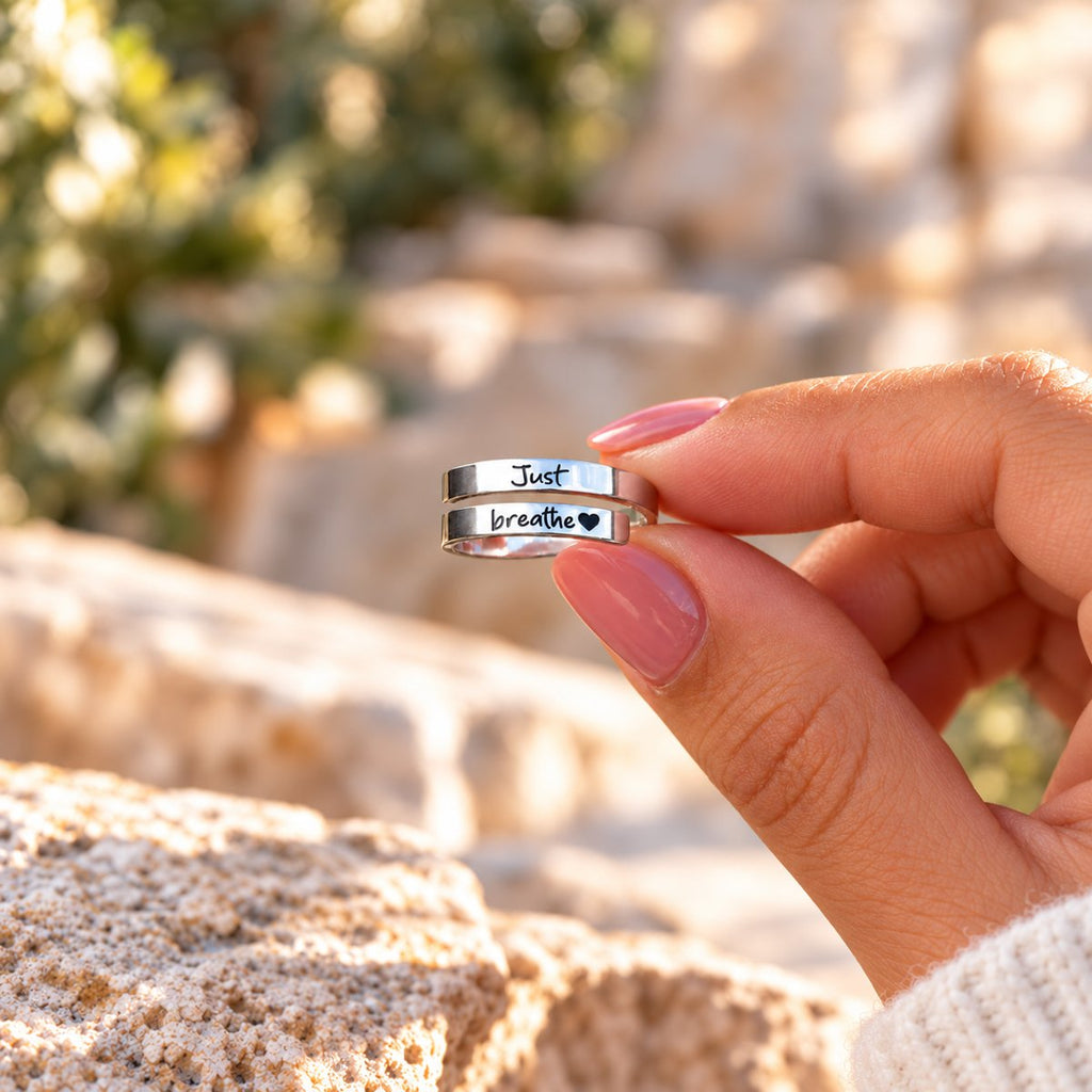 Just Breathe ring held in hand
